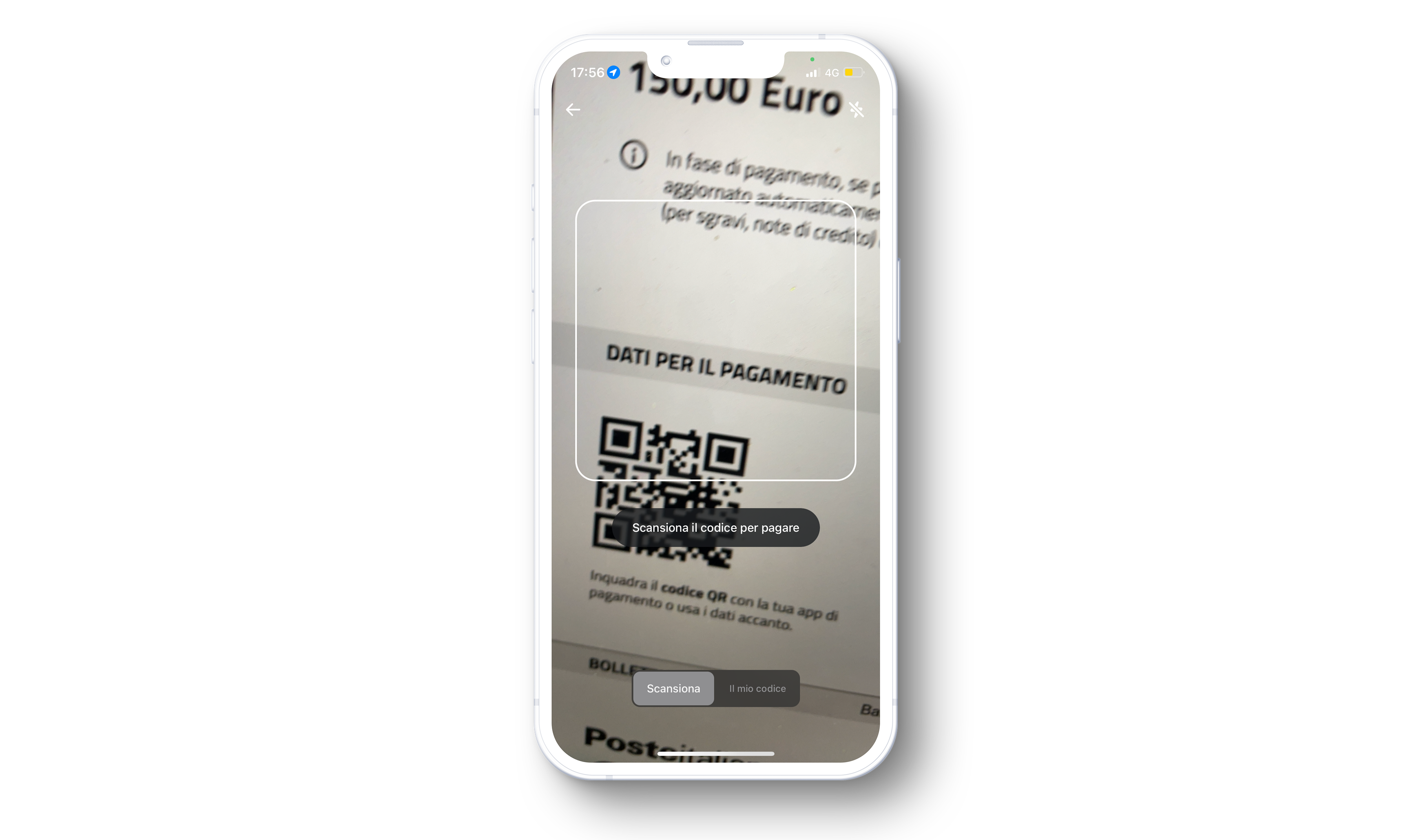 Schermata di app in cui si sta inquadrando un codice QR